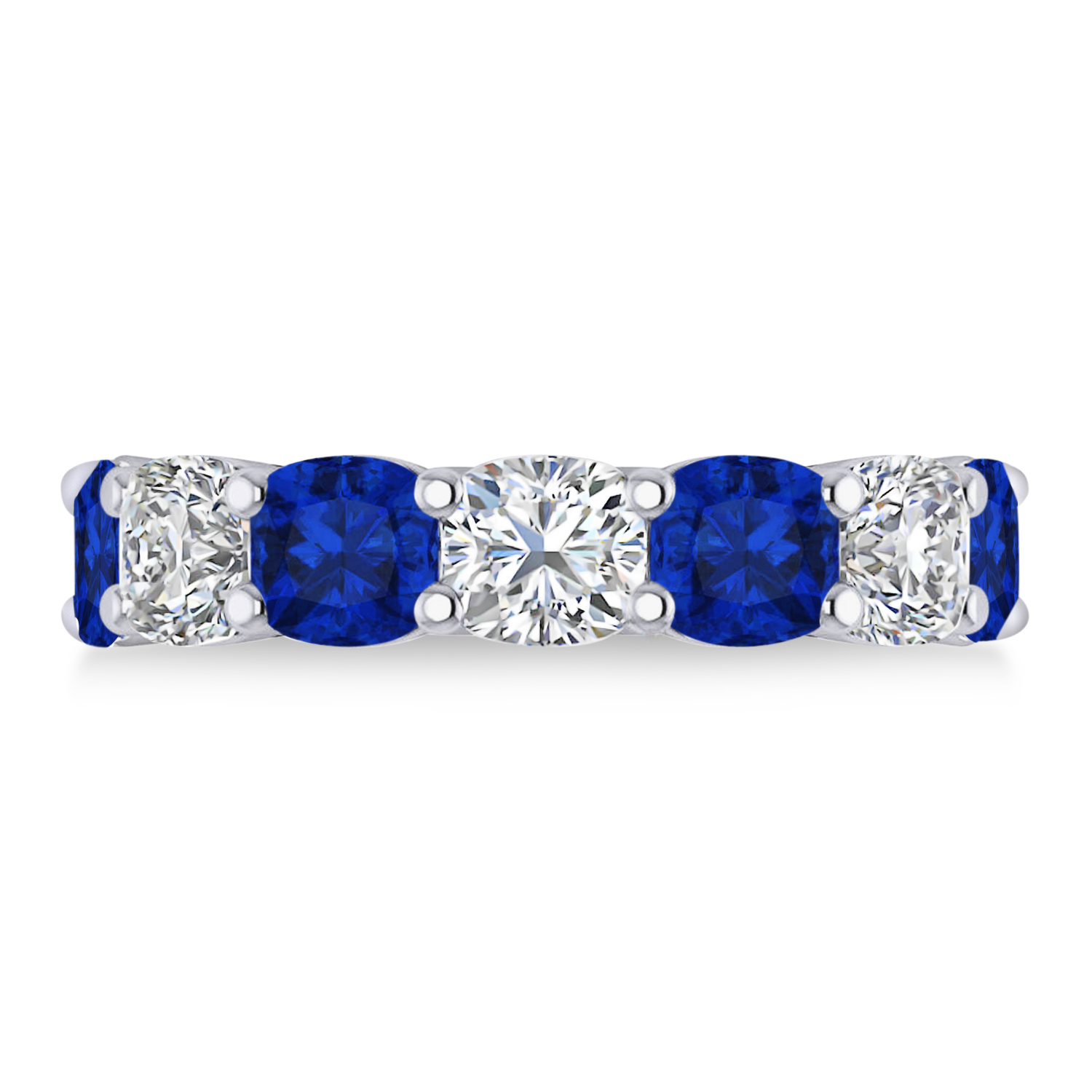 Cushion Diamond & Blue Sapphire Seven Stone Ring 14k White Gold (5.85ct)