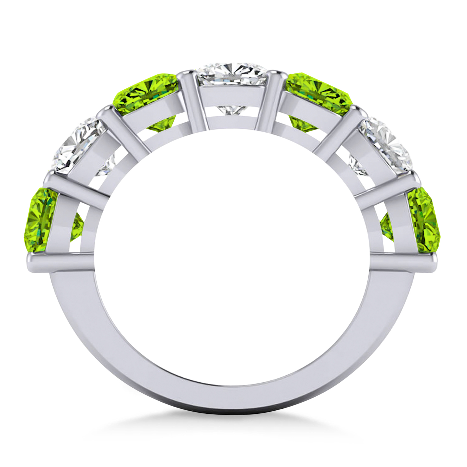 Cushion Diamond & Peridot Seven Stone Ring 14k White Gold (5.85ct)