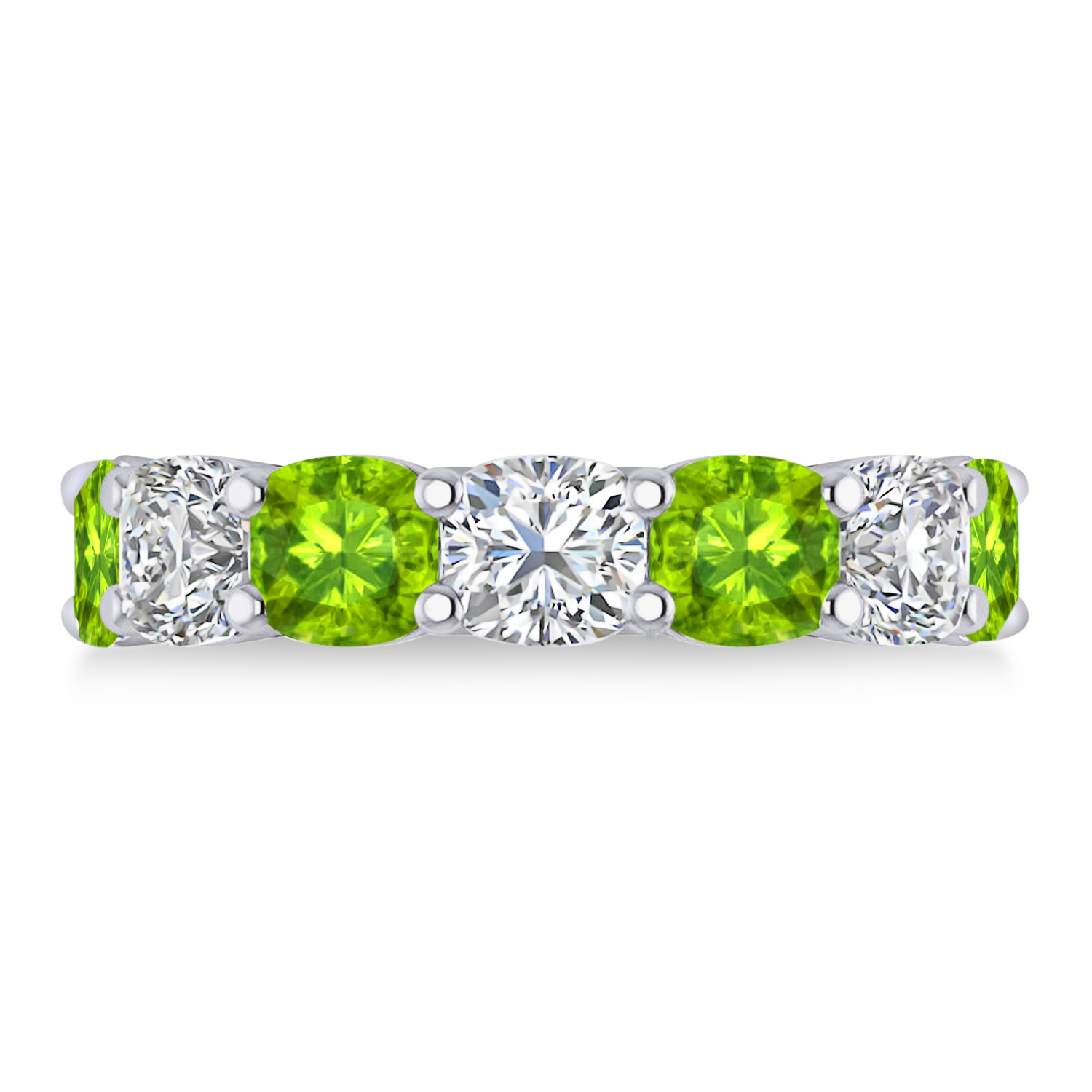 Cushion Diamond & Peridot Seven Stone Ring 14k White Gold (5.85ct)