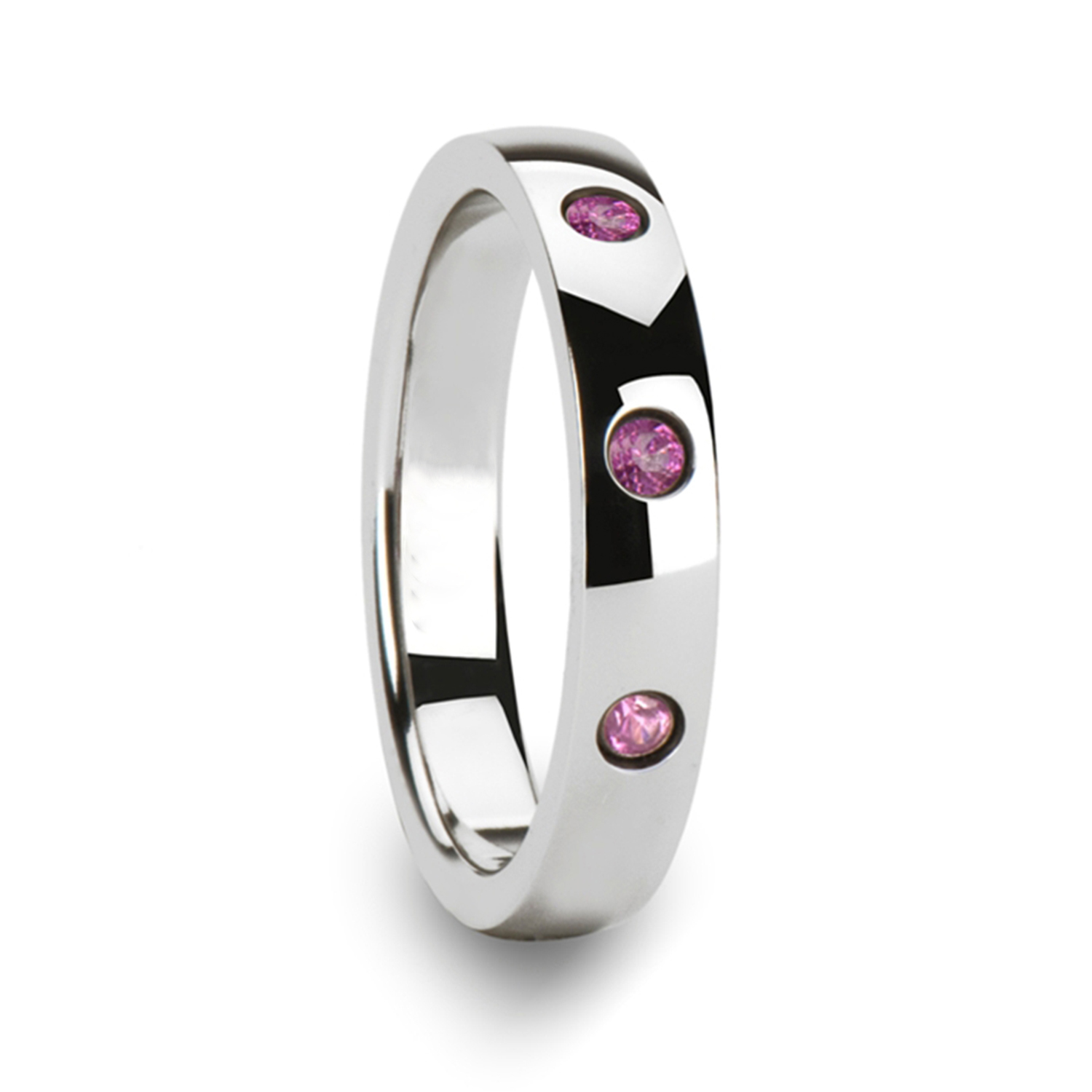 Rounded White Tungsten Wedding Band w/ 3 Pink Sapphires 0.10ct (4MM)