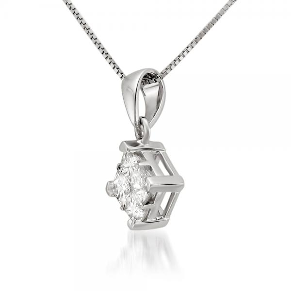 Invisible Set Princess Cut Pendant Diamond Necklace 14k W. Gold 0.25ct