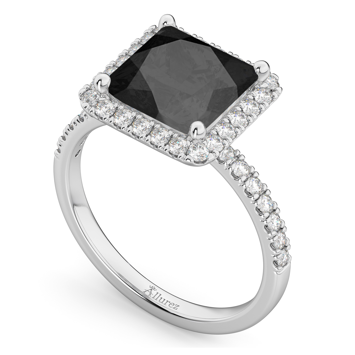 Princess Cut Halo Black Onyx & Diamond Engagement Ring 14K White Gold 3.47ct