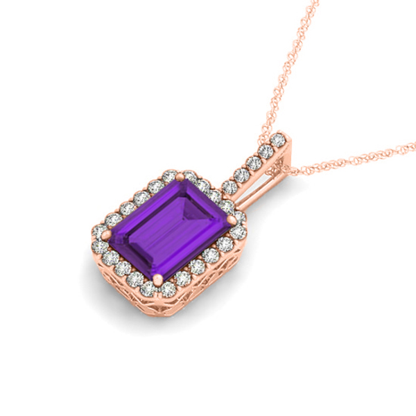 Diamond & Emerald Cut Amethyst Halo Pendant Necklace 14k Rose Gold (4.25ct)