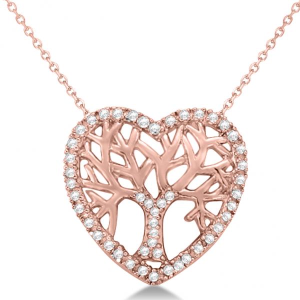 Diamond Heart Family Tree Life Pendant Necklace 14k Rose Gold 0 05ct Clear1069