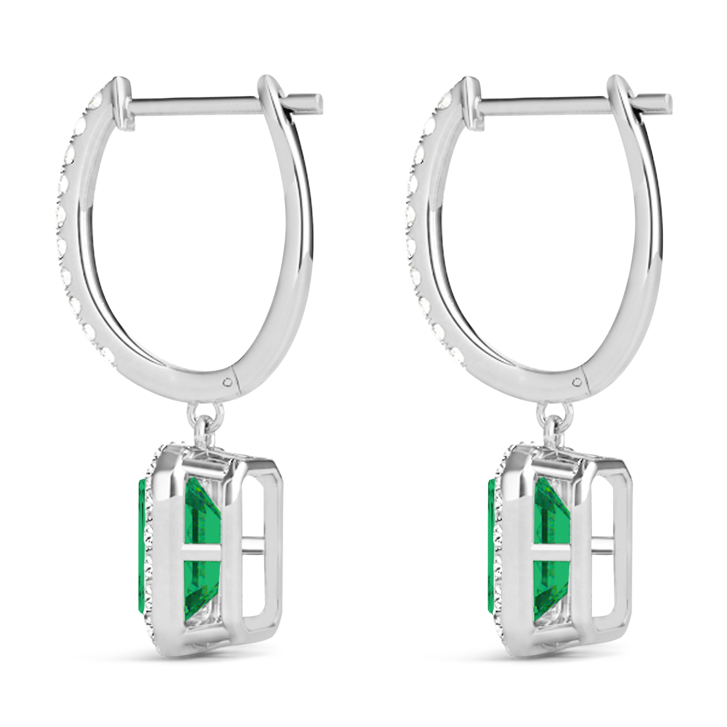 Emerald Shape Emerald & Diamond Halo Dangling Earrings 14k White Gold (1.70ct)