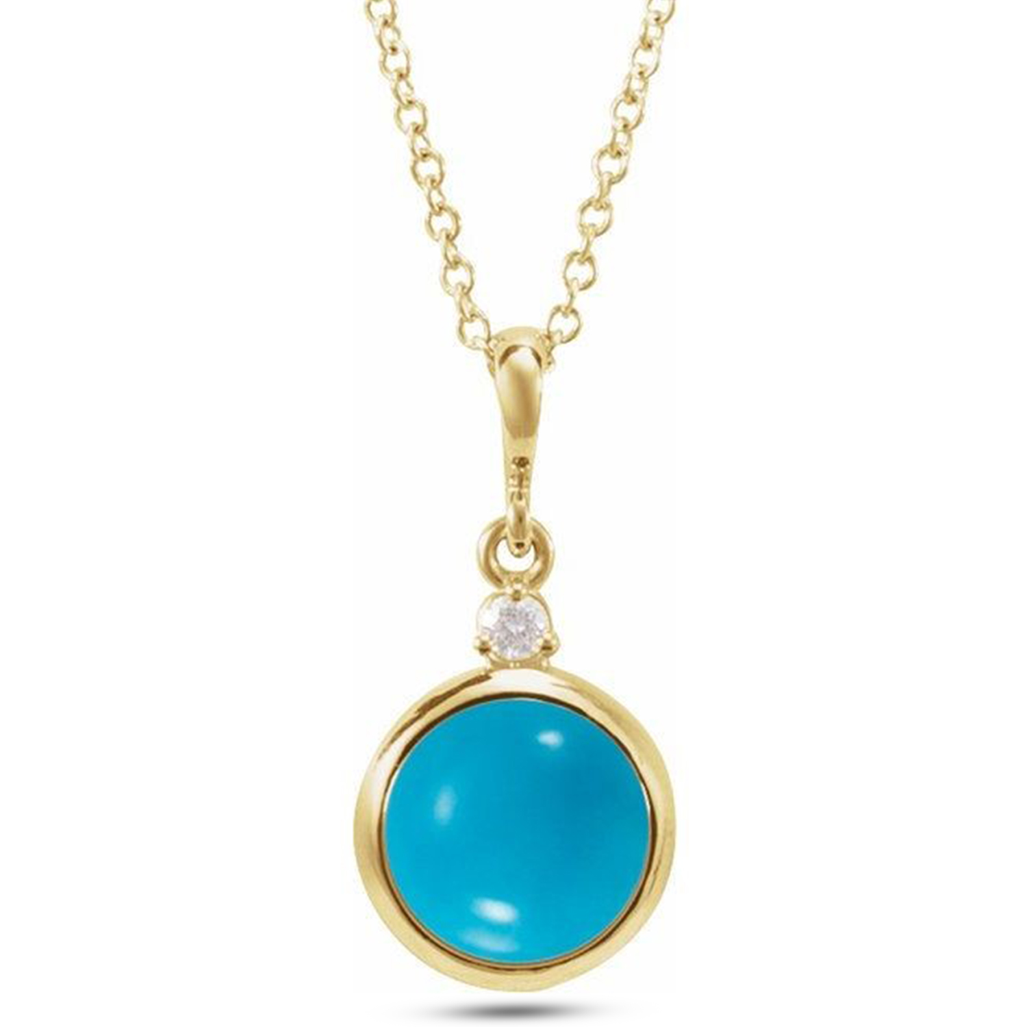 Round Natural Turquoise & Diamond Pendant Necklace 14K Yellow Gold (0.68ct)