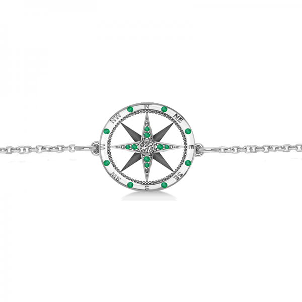 Emerald & Diamond Nautical Compass Bracelet 14k White Gold (0.19ct)