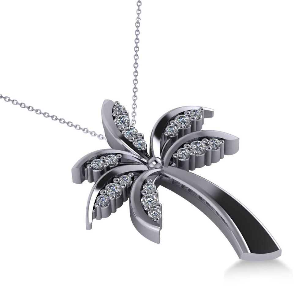 Diamond Summer Palm Tree Pendant Necklace 14k White Gold (0.24ct)