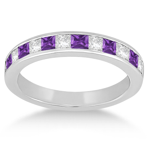Channel Amethyst & Diamond Wedding Ring 14k White Gold (0.70ct)