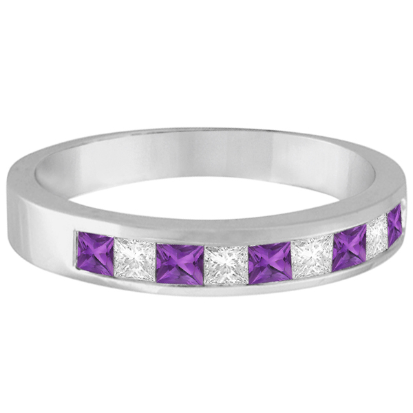 Princess Channel-Set Diamond & Amethyst Ring Band 14K White Gold