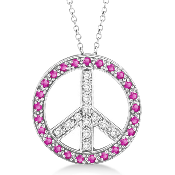 Diamond & Pink Sapphire Peace Pendant Necklace 14k White Gold 0.92ct