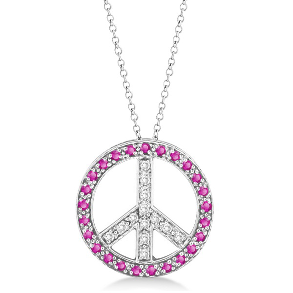 Diamond & Pink Sapphire Peace Pendant Necklace 14k White Gold 0.92ct