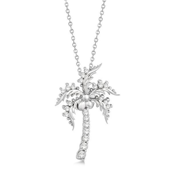 Diamond Palm Tree Pendant Necklace 14K White Gold (0.37ct)