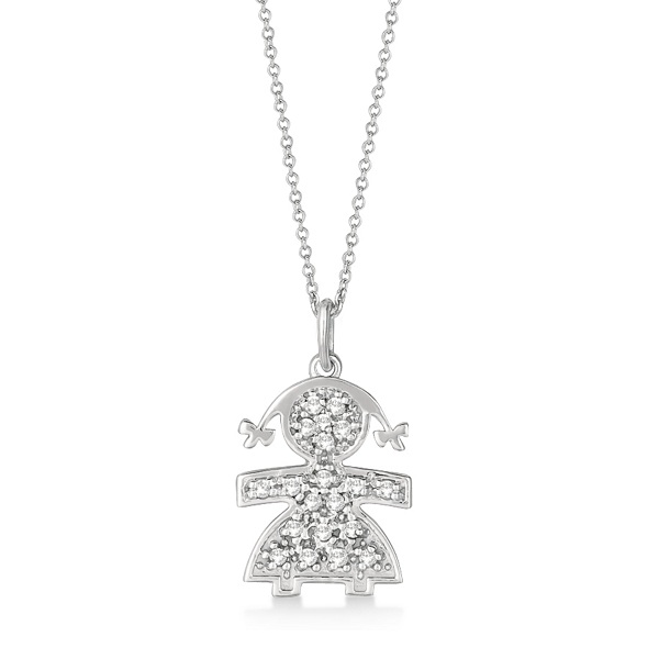 Pave-Set Diamond Girl Shape Pendant Necklace 14K White Gold (0.15ct)