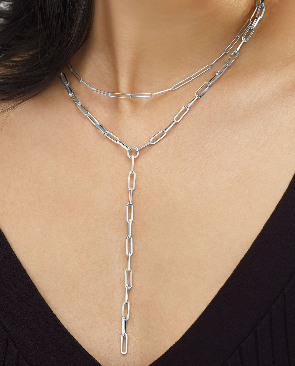 Lariat Paperclip Link Y-Shaped Chain Necklace 14k White Gold
