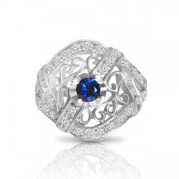 Blue Sapphire & Diamond Filigree Fashion Ring 18k White Gold (0.71ct)