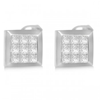 Diamond Invisible Set Princess Stud Earrings in 14k White Gold (0.86ct)
