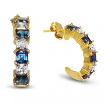 Diamond & Blue Sapphire Huggie Earrings in 14k Yellow Gold (0.85ct)
