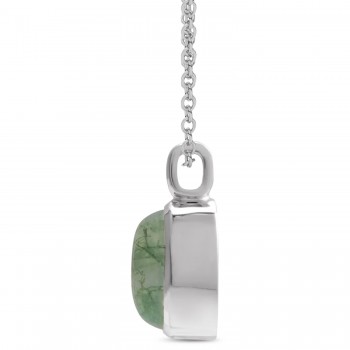 Oval Natural Cabochon Moss Agate Pendant Necklace 14K White Gold (0.72ct)