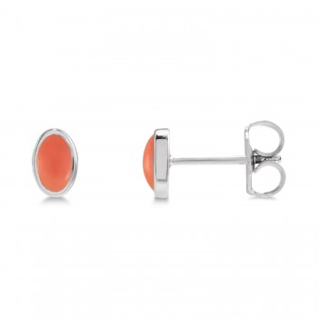 Oval Natural Cabochon Pink Coral Stud Earrings 14K White Gold (0.23ct)