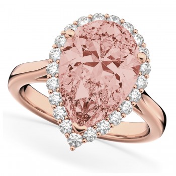 Pear Cut Halo Morganite & Diamond Engagement Ring 14K Rose Gold 4.74ct