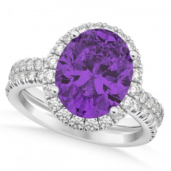 Amethyst & Diamonds Oval-Cut Halo Bridal Set 14K White Gold (3.18ct)