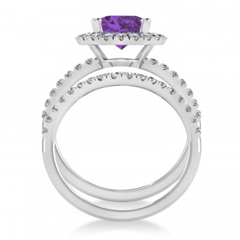 Amethyst & Diamonds Oval-Cut Halo Bridal Set 14K White Gold (3.18ct)
