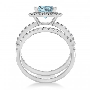 Aquamarine & Diamonds Oval-Cut Halo Bridal Set 14K White Gold (3.03ct)