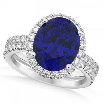 Blue Sapphire & Diamonds Oval-Cut Halo Bridal Set 14K White Gold (3.93ct)