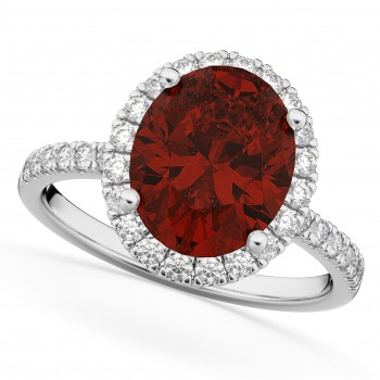 Oval Cut Halo Garnet & Diamond Engagement Ring 14K White Gold 3.31ct