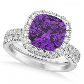 Amethyst & Diamonds Cushion-Cut Halo Bridal Set 14K White Gold (3.38ct)