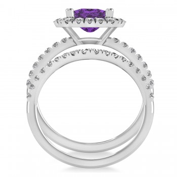 Amethyst & Diamonds Cushion-Cut Halo Bridal Set 14K White Gold (3.38ct)