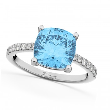 Cushion Cut Blue Topaz & Diamond Engagement Ring 14k White Gold (2.81ct)