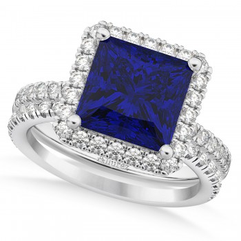 Blue Sapphire & Diamonds Princess-Cut Halo Bridal Set 14K White Gold (3.74ct)