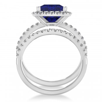 Blue Sapphire & Diamonds Princess-Cut Halo Bridal Set 14K White Gold (3.74ct)