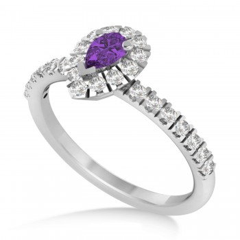 Pear Amethyst & Diamond Halo Engagement Ring 14k White Gold (0.63ct)