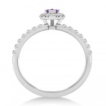 Pear Amethyst & Diamond Halo Engagement Ring 14k White Gold (0.63ct)