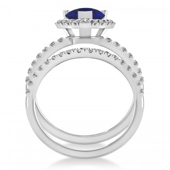 Lab Blue Sapphire & Lab Grown Diamonds Pear-Cut Halo Bridal Set 14K White Gold (3.28ct)