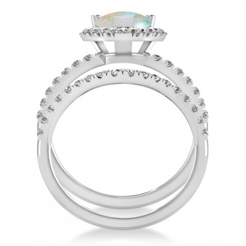 Opal & Diamonds Pear-Cut Halo Bridal Set 14K White Gold (1.81ct)