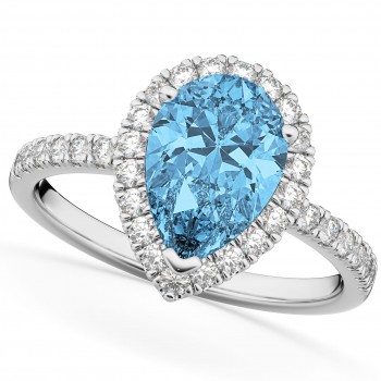 Pear Cut Halo Blue Topaz & Diamond Engagement Ring 14K White Gold 1.91ct