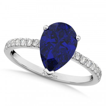 Pear Cut Blue Sapphire & Diamond Engagement Ring 14K White Gold 2.71ct