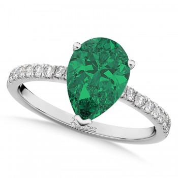 Pear Cut Emerald & Diamond Engagement Ring 14K White Gold 2.81ct
