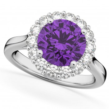 Halo Round Lab Amethyst & Lab Grown Diamond Engagement Ring 14K White Gold 3.26ct