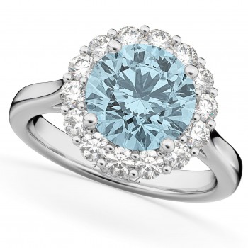 Halo Round Lab Aquamarine & Lab Grown Diamond Engagement Ring 14K White Gold 3.70ct