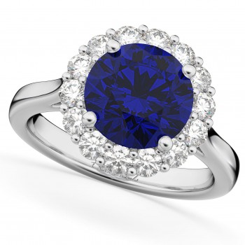 Halo Round Lab Blue Sapphire & Lab Grown Diamond Engagement Ring 14K White Gold 4.45ct