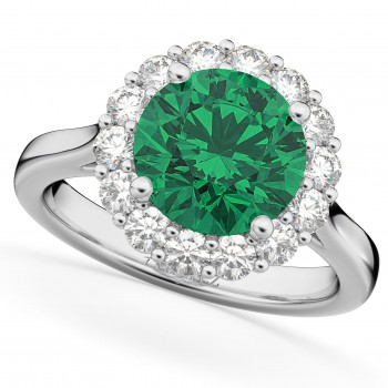 Halo Round Lab Emerald & Lab Grown Diamond Engagement Ring 14K White Gold 4.40ct