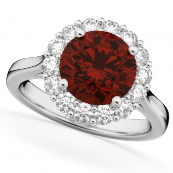 Halo Round Lab Garnet & Lab Grown Diamond Engagement Ring 14K White Gold 4.45ct