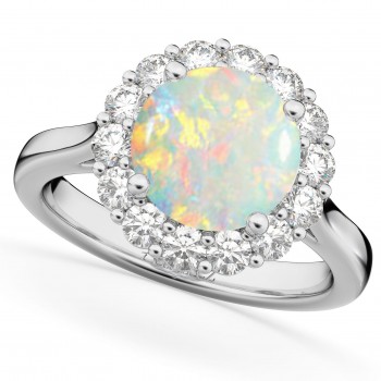 Halo Round Lab Opal & Lab Grown Diamond Engagement Ring 14K White Gold 2.30ct