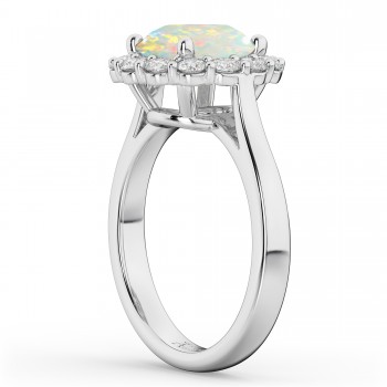 Halo Round Lab Opal & Lab Grown Diamond Engagement Ring 14K White Gold 2.30ct