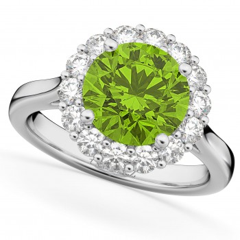 Halo Round Lab Peridot & Lab Grown Diamond Engagement Ring 14K White Gold 4.45ct